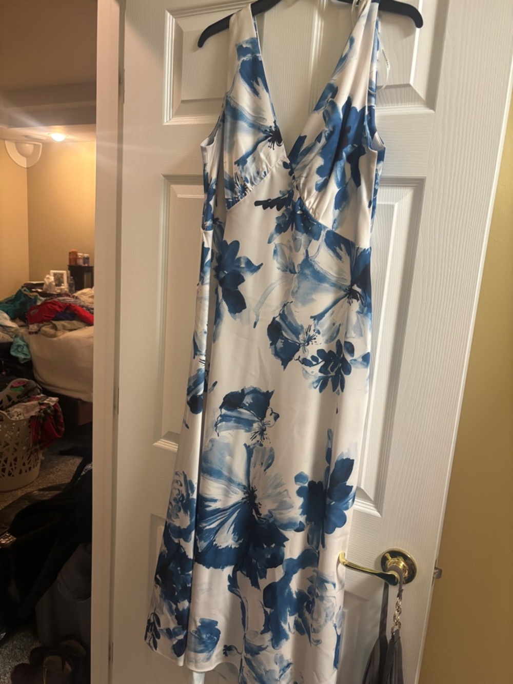 Donna Karan White Maxi Dress with Blue Floral Motif